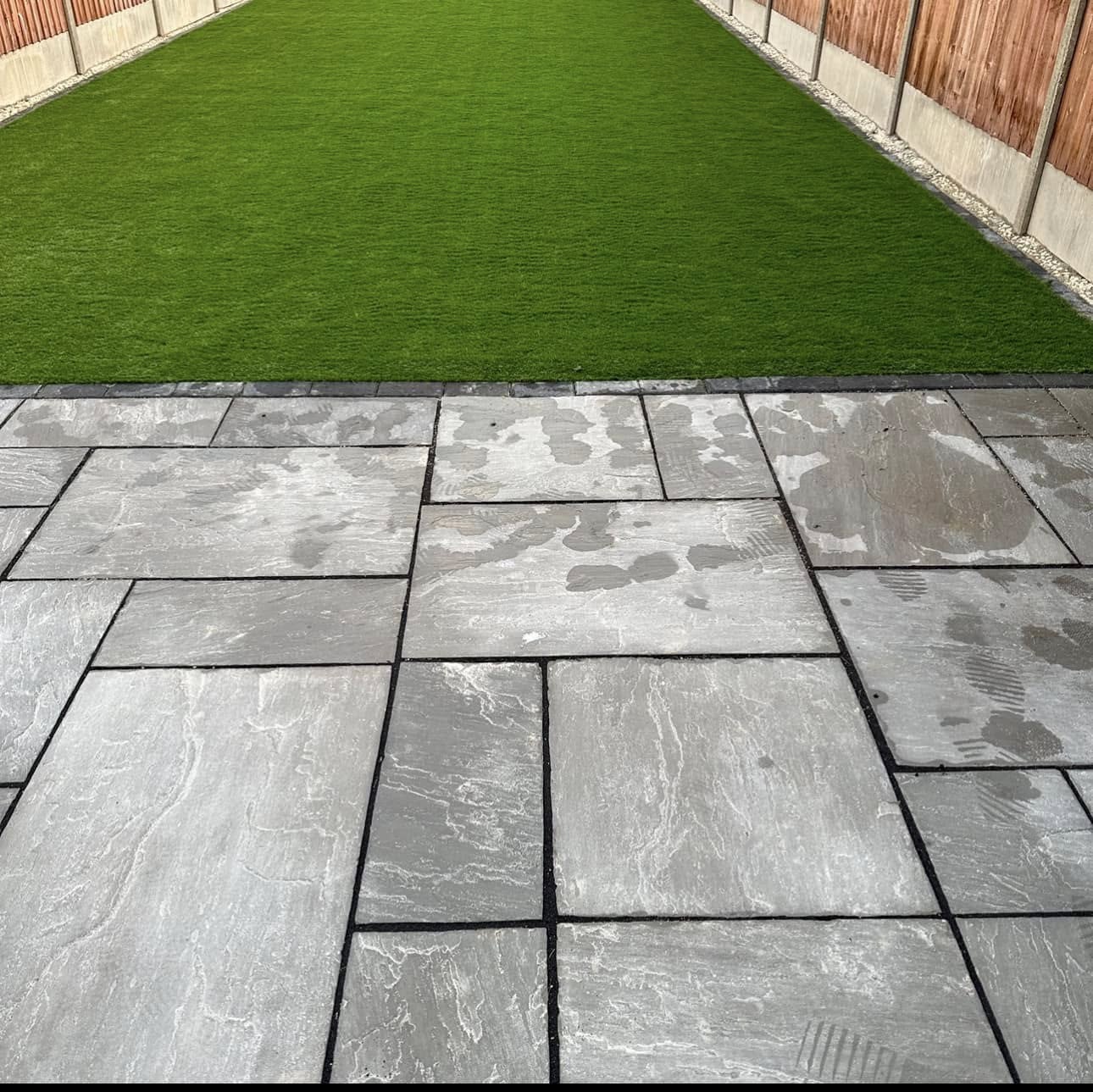 Patio and artificial grass garden finish